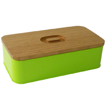 Vintage metal powder coating steel bread box with thick bamboo lid 